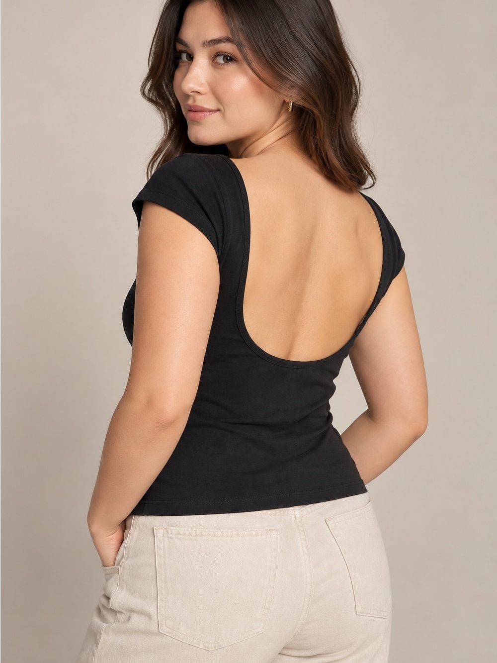 TNA Black Scoop-Back Cap Sleeve Crop Top